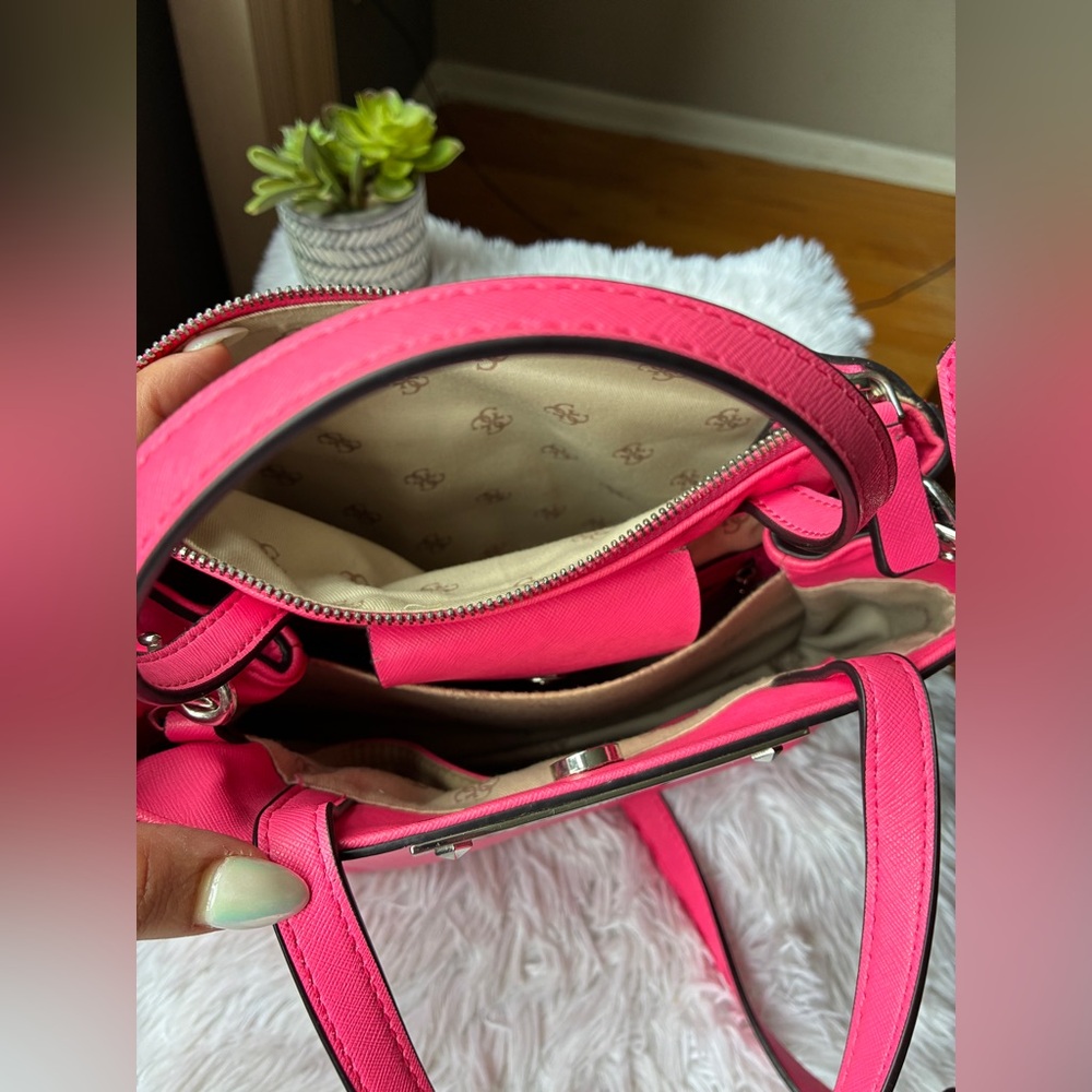 GUESS Pink Saffiano Leather Satchel with Heart Charm - Picture 10 of 14